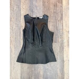 Bar III Womens Black Faux Leather Peplum Top Sleeveless Back Zip Blouse Medium